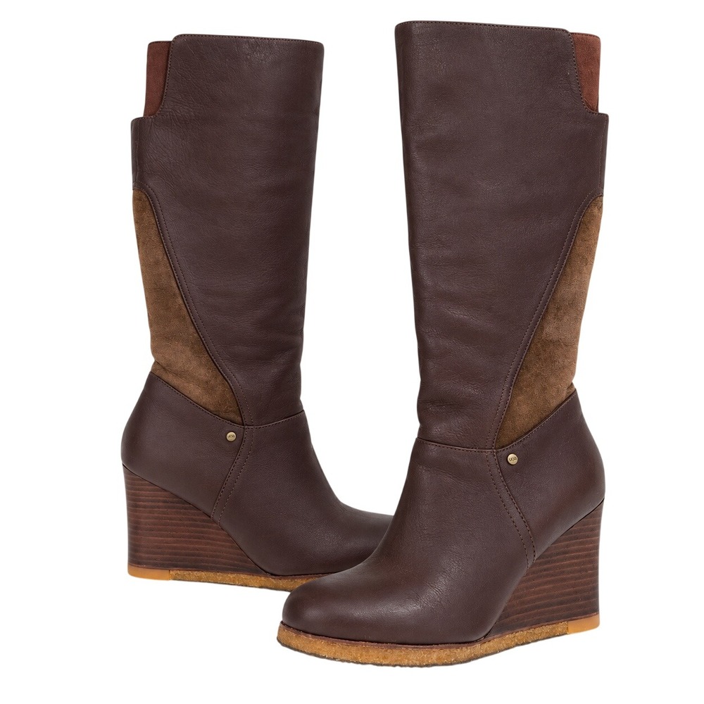 UGG Ravenna Tall Leather Wedge Boots Brown Sheepskin Women's Size 7